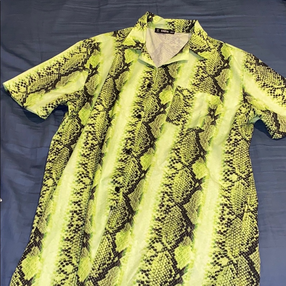 Neon green snake skin print button up men shirt
